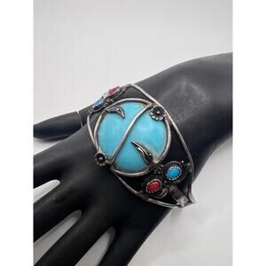 Vintage Turquoise & Coral Floral & Feather Silver Cuff Bracelet